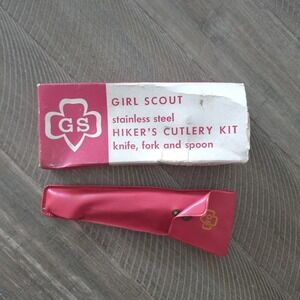 Vintage Girl Scout Hiker's Cutlery Kit Knife Fork Spoon Stainless Steel Red Case
